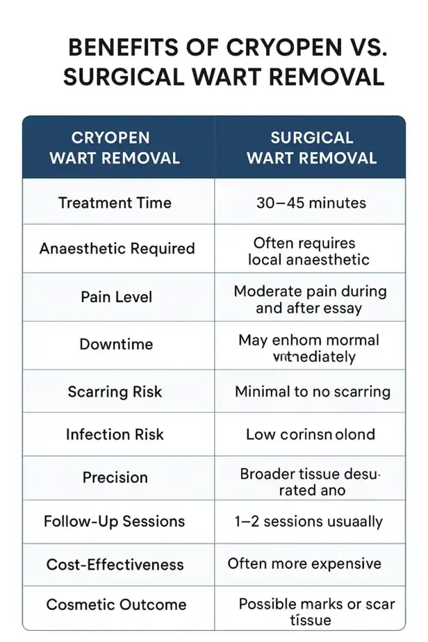 Table showing the benefits of cryopen to remove warts Kingston upon Thames compared to surgical treatment